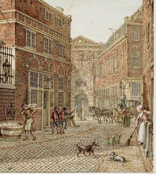 Oudst bewaard gebleven afbeelding van de poort aan de Kalverstraat, H.P. Schouten, 1781, collectie Stadsarchief Amsterdam