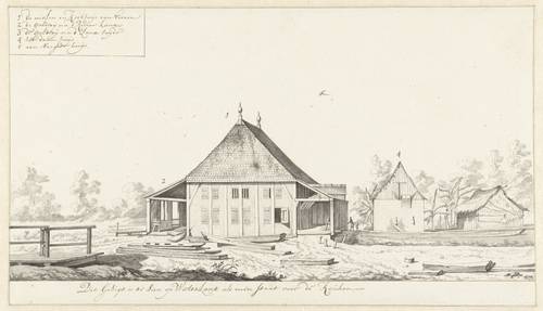 Dirk Valkenburg (1675-1718), De suikermolen en andere gebouwen, waaronder een verblijf voor tot slaaf gemaakten op plantage Waterlant, ca. 1706-’08. Rijksmuseum Amsterdam, Inv. nr. RP-T-1905-103