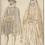 Hendrick Avercamp, 1595 – 1634 Staande man en vrouw, van voren, gekleed volgens de burgerlijke mode van ca. 1615; beiden hebben de handen in een mof, collectie Rijksmuseum
