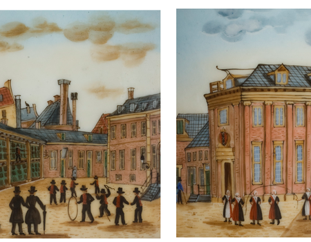 Twee vazen, Burgerweeshuis, details, vervaardigd t.g.v. het 25-jarig regentsjubileum van Joannes Stijger, 1841, collectie Amsterdam Museum, KA 20194 en KA 20193   