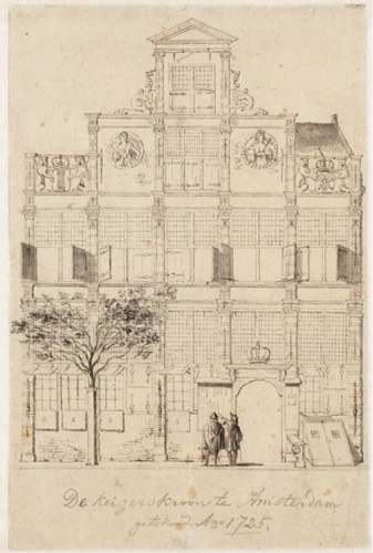 Oorspronkelijke gevel uit 1568, tekening vervaardigd voorafgaand aan de afbraak van herberg de Keizerskroon, 1725, Collectie Stadsarchief Amsterdam. 
