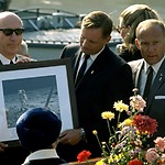 Burgemeester Samkalden ontvangt de drie astronauten, 25 oktober 1969