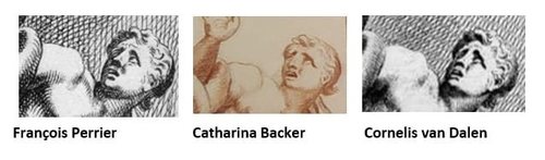 De tekening van Catharina Backer naast de twee prenten