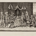 De hostie wordt vereerd door Maximiliaan I van Oostenrijk en zijn familie, gravure naar een gebrandschilderd glasraam in de Heilige Stede, Pieter Nolpe, 1625-1650, prent en foto: collectie Stadsarchief Amsterdam