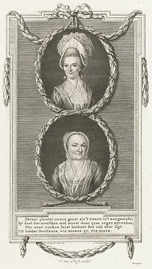 Dubbelportret van Betje Wolff en Agatha Deken op latere leeftijd door Antoine Alexandre Joseph Cardon naar W. Neering, circa 1778- 1800, ets, Rijksmuseum