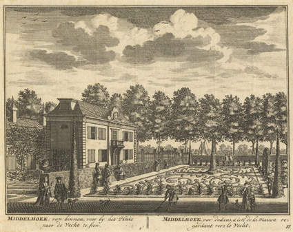 Gezicht op de buitenplaats Middenhoek bij Loenen, D. Stoopendaal, 1718-1719, collectie Het Utrechts Archief