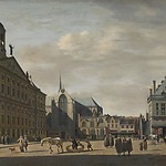 De Dam naar het noorden gezien, 1674, Gerrit Adriaensz. Berckheyde (1638 - 1698)