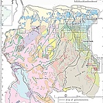 Figuur 1. Distributie van goud concessies in Suriname naar Brinck (1954). De onderliggende geologische kaart is van Kroonenberg et al. (2016)