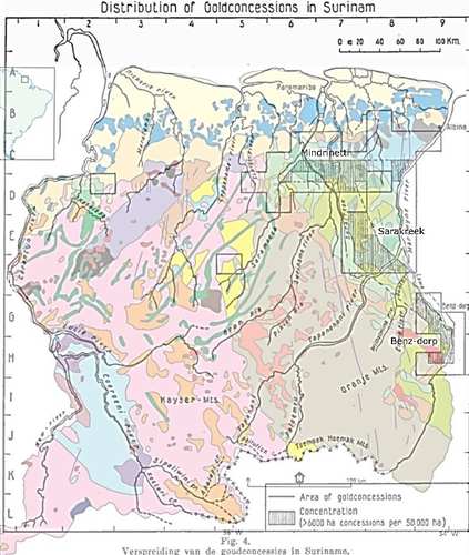 Figuur 1. Distributie van goud concessies in Suriname naar Brinck (1954). De onderliggende geologische kaart is van Kroonenberg et al. (2016)